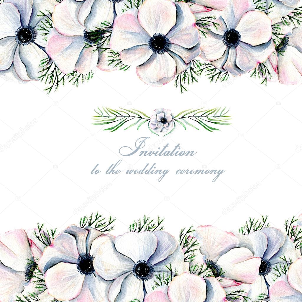 Floral design card with watercolor white anemones