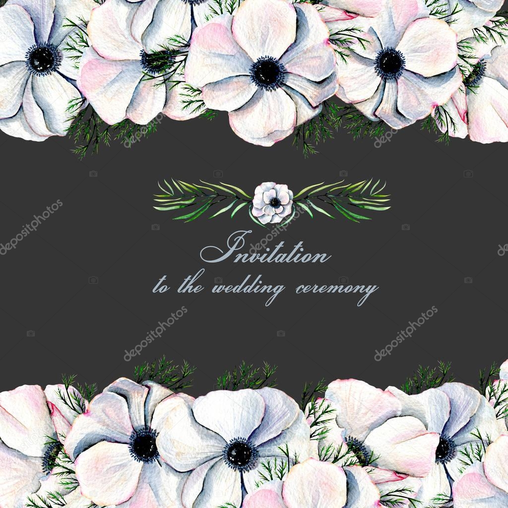 Floral design card with watercolor white anemones