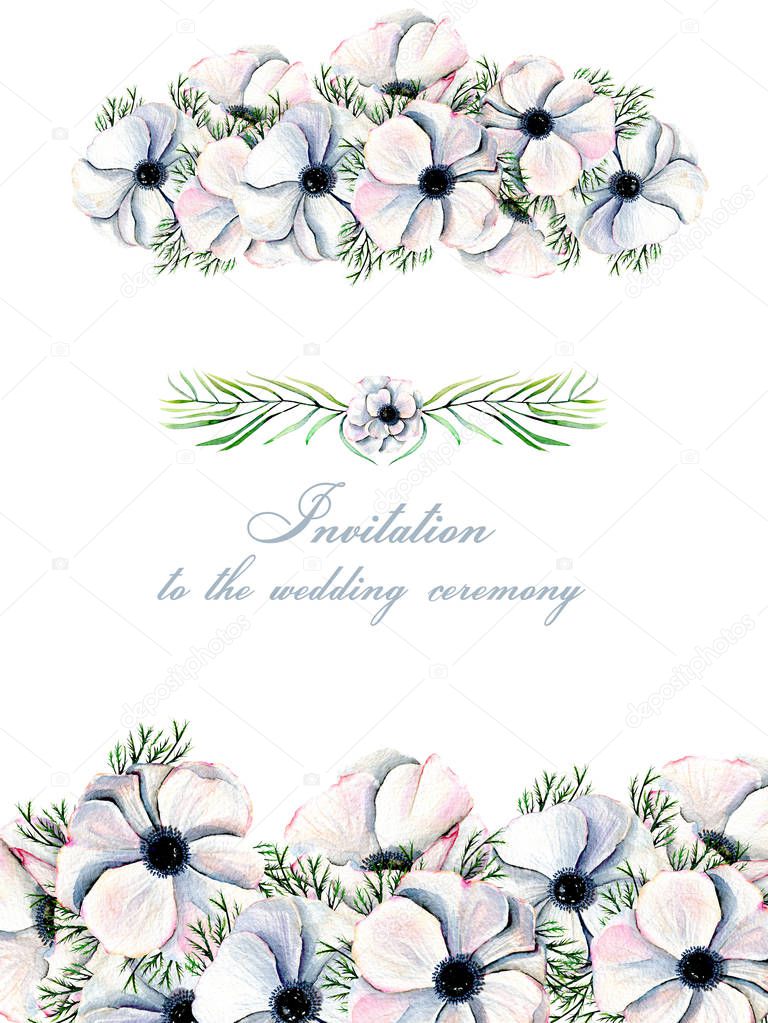 Floral design card with watercolor white anemones