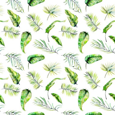 Suluboya yeşil tropikal egzotik yapraklar ve eğreltiotu dalları dikişsiz desen
