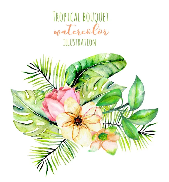 Watercolor tropical palm leaves and flowers exotic bouquet — Stock Photo, Image