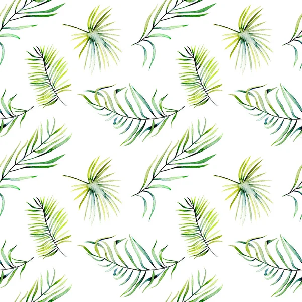 Watercolor green tropical palm leaves and fern branches seamless pattern