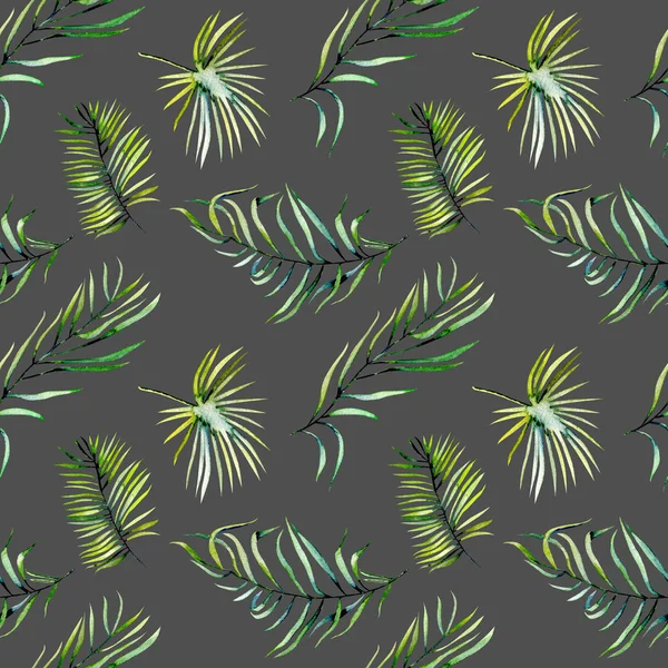 Acuarela verde hojas de palma tropical y ramas de helecho patrón sin costuras —  Fotos de Stock