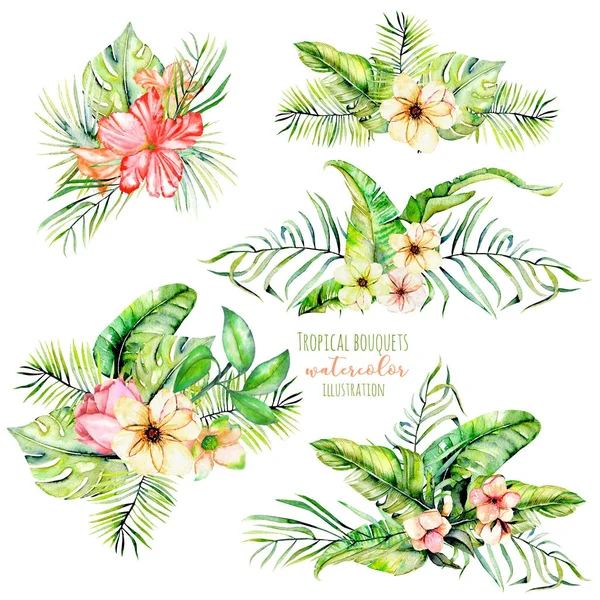 Watercolor tropical palm leaves and flowers exotic bouquets