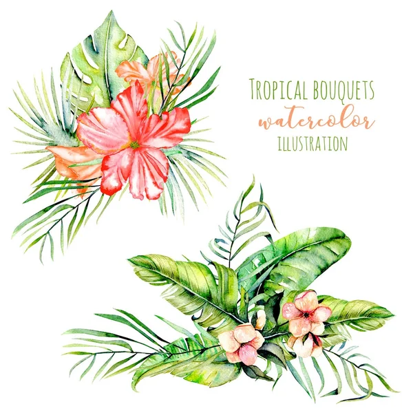 Watercolor tropical palm leaves and flowers exotic bouquets — Stock Photo, Image