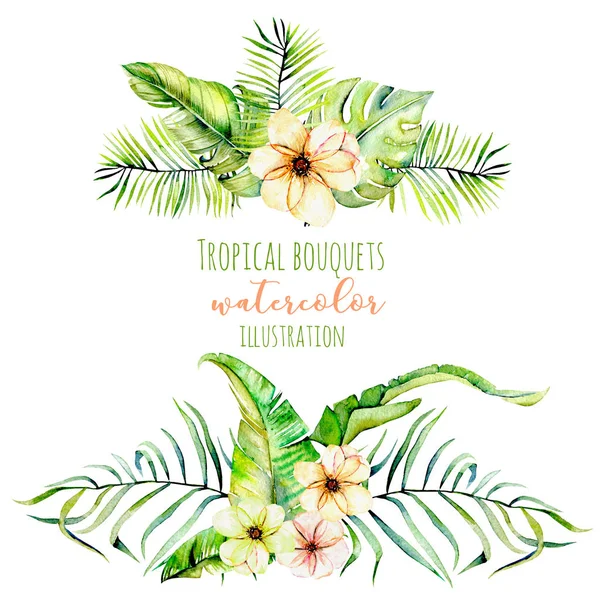 Watercolor tropical palm leaves and flowers exotic bouquets
