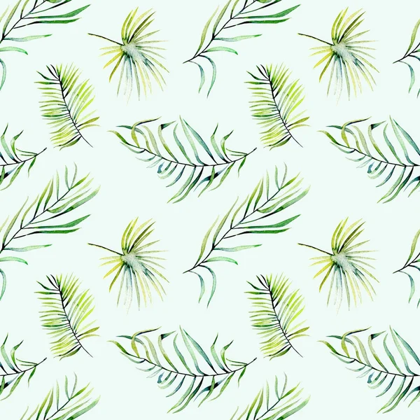 Watercolor green tropical palm leaves and fern branches seamless pattern — Stock Photo, Image