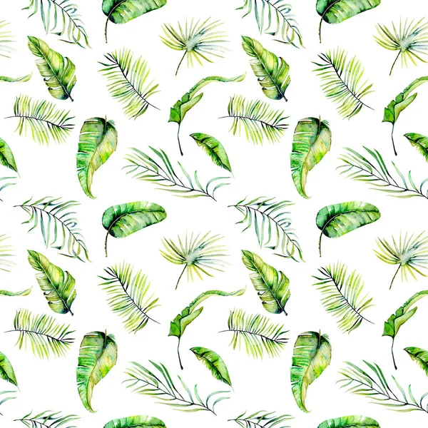 Watercolor green tropical exotic leaves and fern branches seamless pattern — Stock Photo, Image