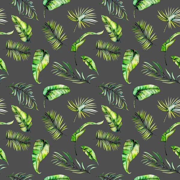 Watercolor green tropical exotic leaves and fern branches seamless pattern — Stock Photo, Image