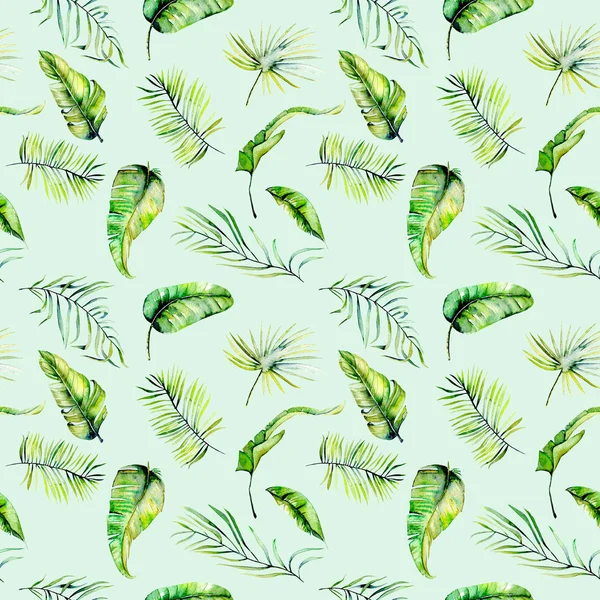 Akvarel zelené tropické exotické listy a kapradí větve hladký vzor — Stock fotografie