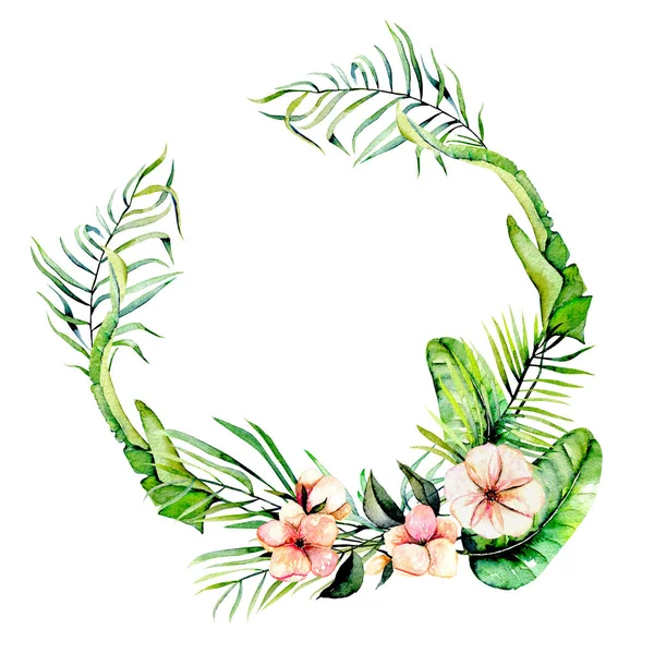 Sulu boya pembe egzotik çiçekler ve tropikal palmiye yaprakları çerçeve kenarlığı