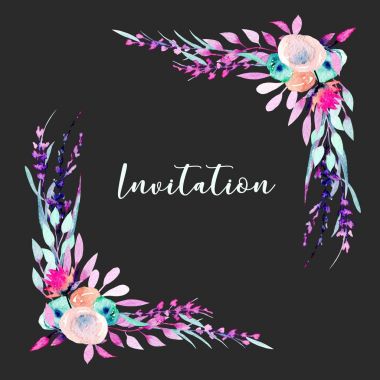 Köşe kenar çerçevelemek basit suluboya pembe çiçekler ve lavanta ile