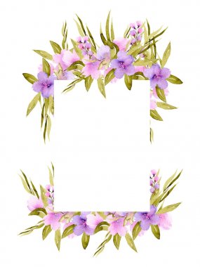 Pembe ve mor küçük çiçekler ve yeşil bitkiler ile çerçeve kenarlığı