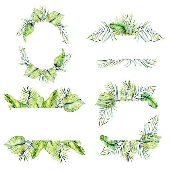 Conjunto de hojas de palma tropical acuarela marco bordes —  Fotos de Stock