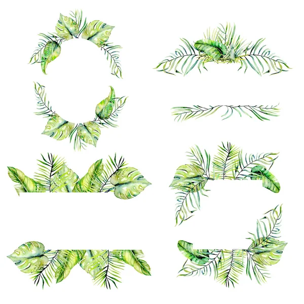 Set of watercolor tropical palm leaves frame borders