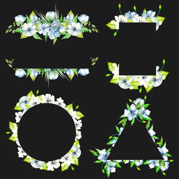 Conjunto de bordes del marco con simples flores silvestres azules acuarela y hojas verdes frescas — Foto de Stock