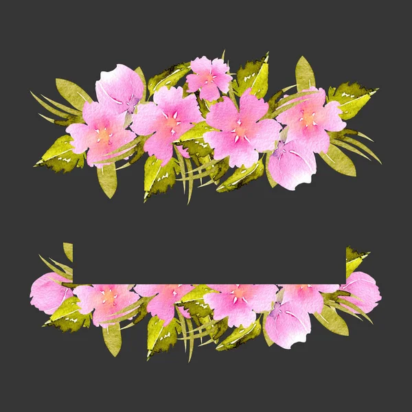Rahmenrand mit rosa kleinen Wildblumen und grünen Pflanzen — Stockfoto