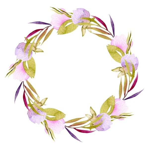 Circle frame, wreath of pink and purple small wildflowers buds, green leaves and branches — Stock Photo, Image