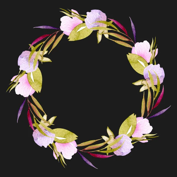 Circle frame, wreath of pink and purple small wildflowers buds, green leaves and branches