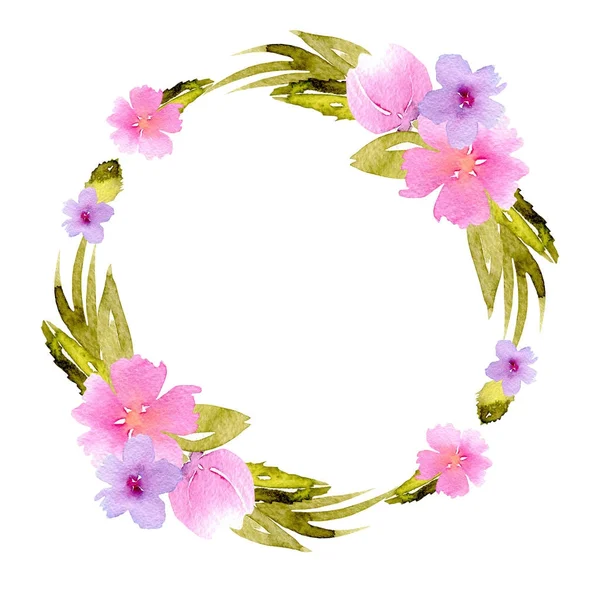 Marco de círculo, corona de flores silvestres pequeñas de color rosa y púrpura — Foto de Stock