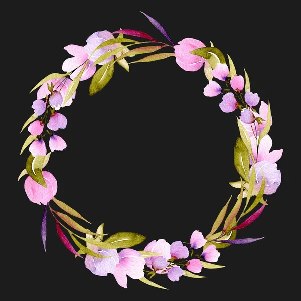 Circle frame, wreath of pink flower branches and green leaves