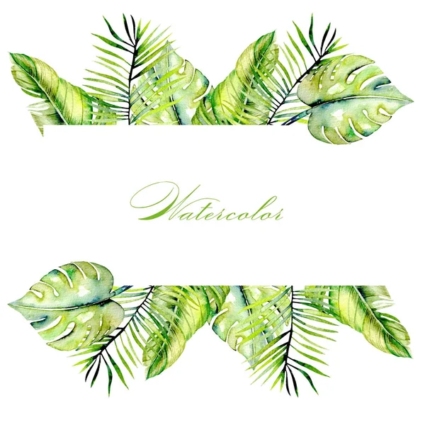 Watercolor tropical palm leaves frame border, hand painted on a white background
