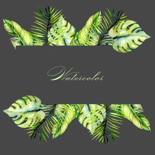 Watercolor tropical palm leaves frame border, hand painted on a dark background
