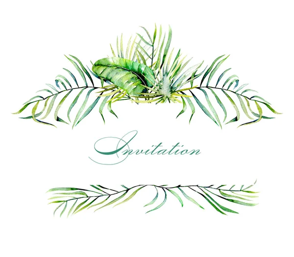 Watercolor tropical palm leaves frame border, festive invitation postcard