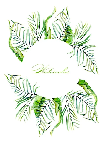 Watercolor tropical palm leaves frame border, wreath