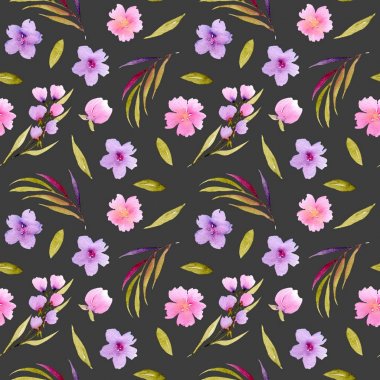 Sulu boya pembe, mor çiçekler ve yeşil yaprakları seamless modeli