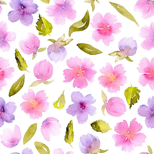 Цветочный бесшовный узор с акварелью розовый, фиолетовый цветы и зеленые листья — стоковое фото