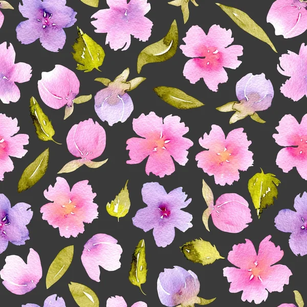 Floral seamless pattern with watercolor pink, purple flowers and green leaves — Stock Photo, Image