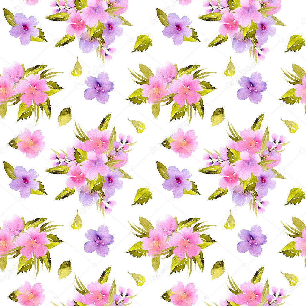 Watercolor pink, purple flowers and green leaves bouquets seamless pattern