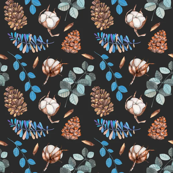 Акварель хлопчатобумажные цветы, шишки сосны и голубые ветви зимой Рождество бесшовный узор — стоковое фото