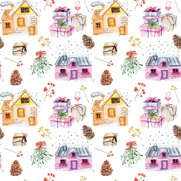Patrón de Navidad sin costuras con acuarelas de invierno, muérdago, cajas de regalo y plantas de Navidad — Foto de Stock