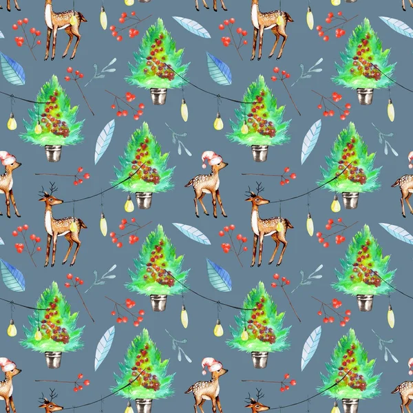 Watercolor Christmas trees, deers and festive garlands winter seamless pattern — Stock Photo, Image