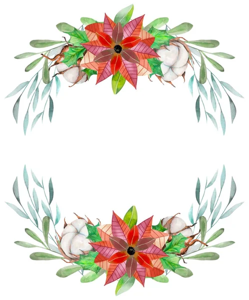 Akvarell Mikulásvirág és pamut virágok téli Karácsonyi koszorú — Stock Fotó