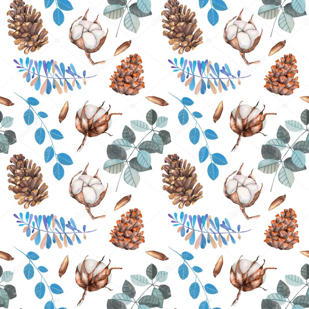 Watercolor cotton flowers, pine cones and blue branches winter Christmas seamless pattern