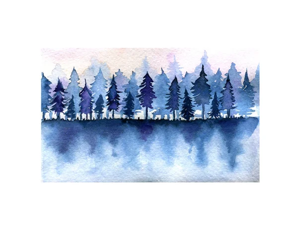 Ciemny niebieski świerk lasu i różowe niebo krajobraz — Zdjęcie stockowe