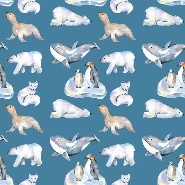 水彩可爱的极地动物插图无缝模式 手绘孤立在一个深蓝色的背景 — 图库照片