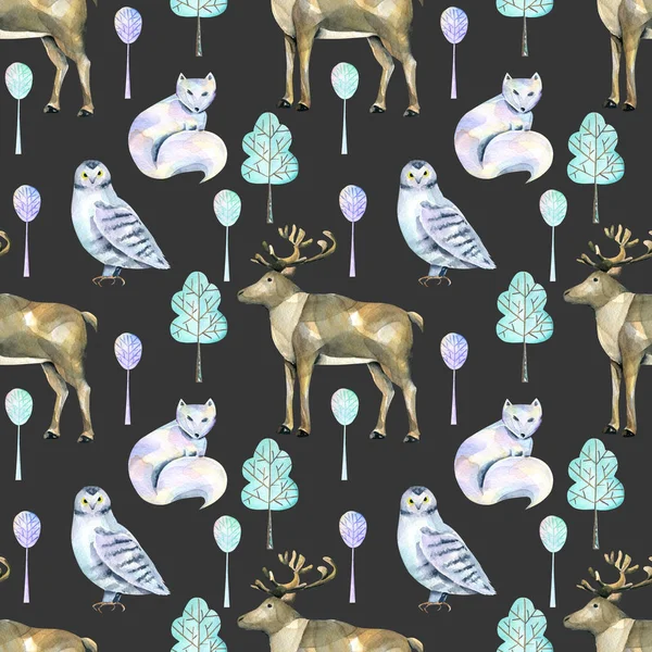 Watercolor Polar Deers Arctic Foxes Owls Forest Seamless Pattern Hand — Stock Photo, Image