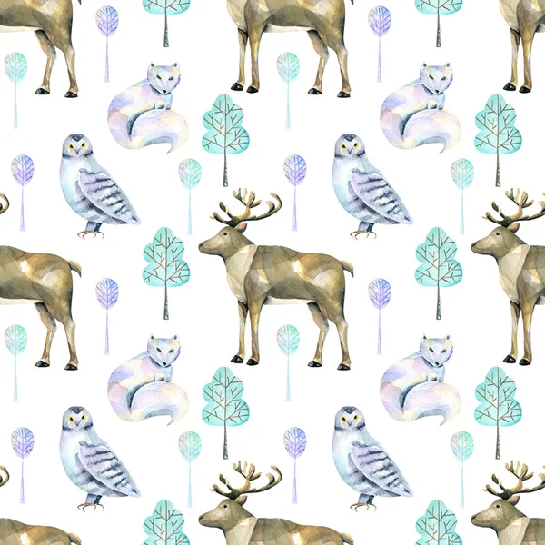 Akvarelu Polární Jelenů Polární Lišky Sovy Lese Bezešvé Vzor Ručně — Stock fotografie