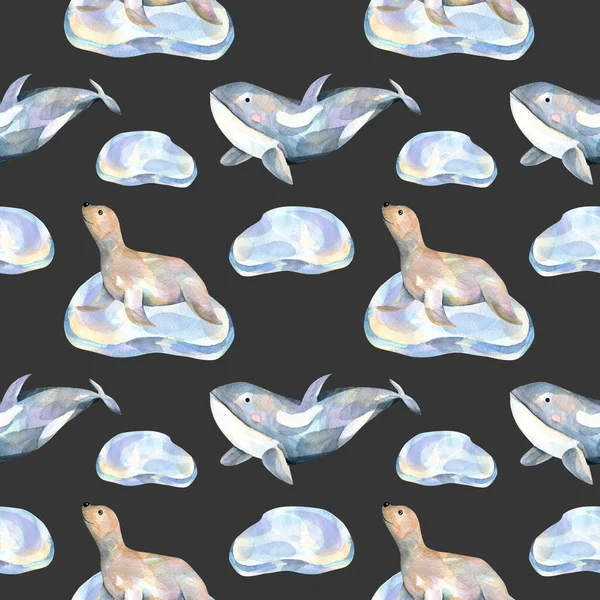 Aquarell Pelzrobben Auf Eisschollen Und Walen Mit Nahtlosem Muster Handgemalt — Stockfoto