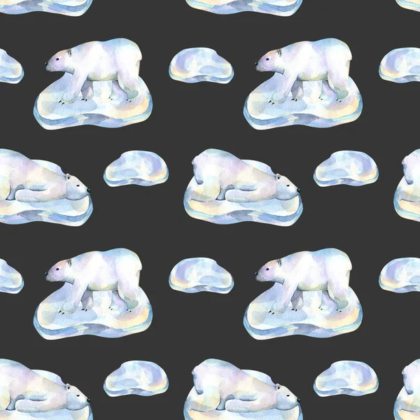 Aquarell Eisbären Auf Eisschollen Nahtloses Muster Handgemalt Auf Dunklem Hintergrund — Stockfoto