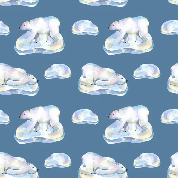 Aquarell Eisbären Auf Eisschollen Nahtloses Muster Handgemalt Auf Blauem Hintergrund — Stockfoto