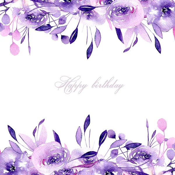 Floral design card with watercolor purple roses and herbs, hand drawn on a white background, for wedding, birthday and other greeting cards