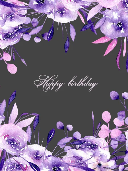 Floral Design Card Watercolor Purple Roses Herbs Hand Drawn Dark — Stock Photo, Image