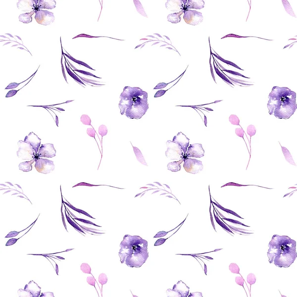 水彩紫色杜鹃花花和树枝无缝花纹 手绘白色底色 花卉印花 — 图库照片