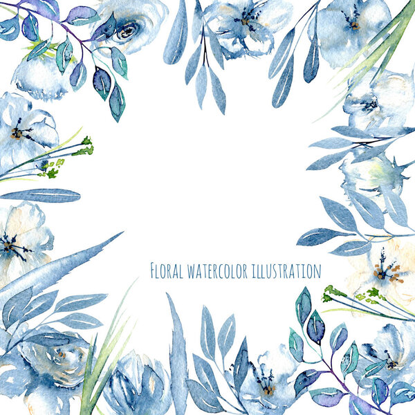 Frame border with simple watercolor blue roses and wildflowers, leaves and grass, hand painted on a white background, template floral design for cards — Stock Image Frame Border Simple Watercolor Blue Roses Wildflowers Leaves Grass Hand Royalty Free Stock Photos