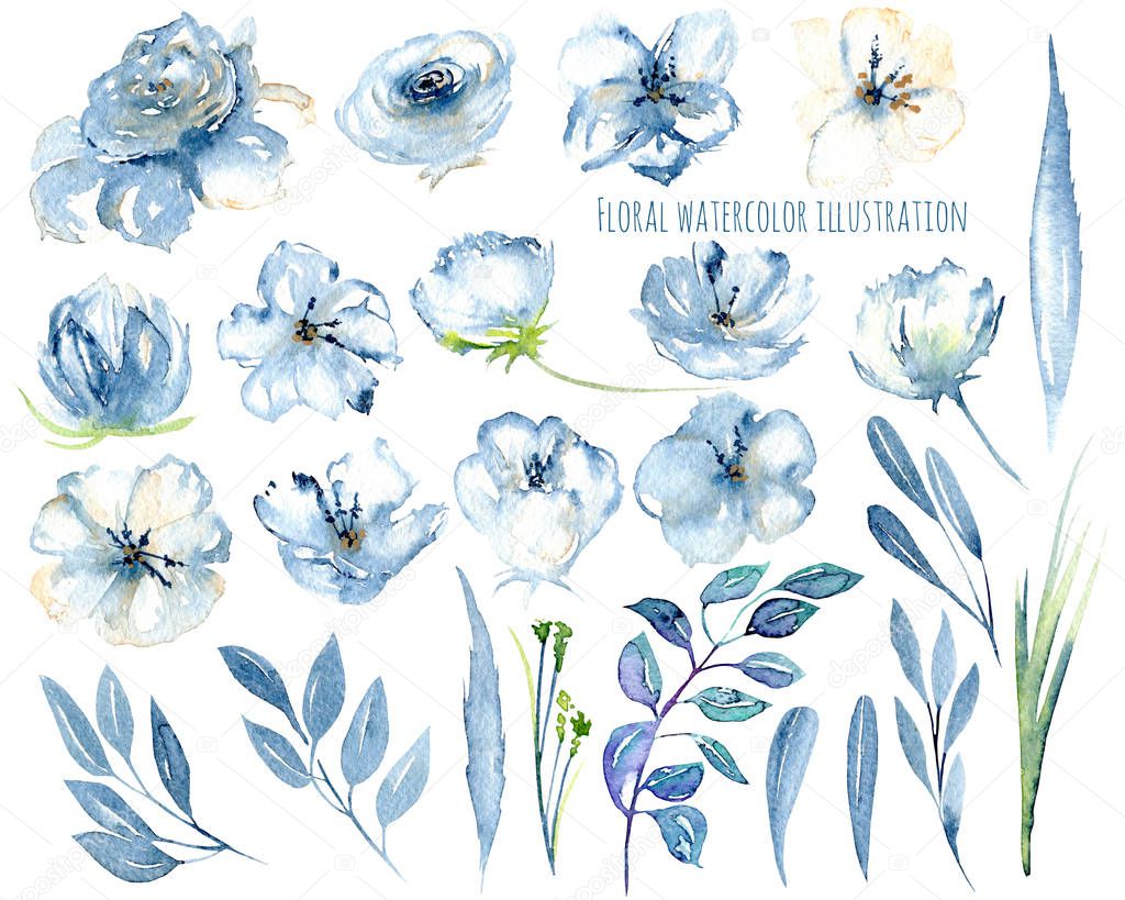 Watercolor blue flowers and leaves floral elements illustrations, hand drawn isolated on a white background, for a greeting card, decoration of a wedding invitation